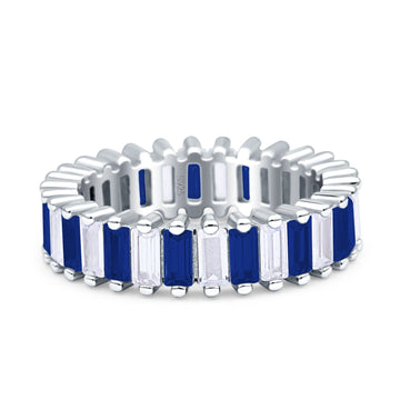 Emerald Cut Full Eternity Ring Blue Sapphire CZ 925 Sterling Silver Wholesale